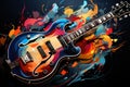 An electric guitar with colorful paint splatters on a black background. Generative AI image. Royalty Free Stock Photo