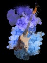 Electric guitar in colorful smoke on black background, stylish design. Rock music concept Royalty Free Stock Photo