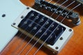 Electric guitar Fretboard closeup macro slider shot. Guitar pegs on a six-string guitar. musical instrument Royalty Free Stock Photo