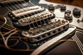 electric guitar, with its strings being plucked and heard through close-up shot