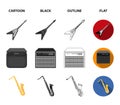 Electric guitar, loudspeaker, saxophone, violin.Music instruments set collection icons in cartoon,black,outline,flat Royalty Free Stock Photo