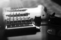 Electric guitar macro abstract black and white, zoom blur Royalty Free Stock Photo