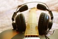 Electric guitar macro abstract and headphones Royalty Free Stock Photo