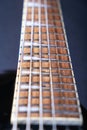 Electric guitar macro shot of a fretboard.Soft selective focus. On black Royalty Free Stock Photo