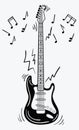 Electric guitar makes a sound. Black and white guitar with notes. Musical instrument. Musical emblem. Isolated stylish