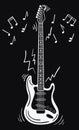 Electric guitar makes a sound. Black and white guitar with notes. Musical instrument. Musical emblem. Isolated stylish