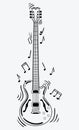 Electric guitar makes a sound. Black and white guitar with notes. Musical instrument. Musical emblem. Isolated stylish