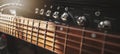 electric guitar neck and amplifier closeup in sound recording studio. rock music background Royalty Free Stock Photo