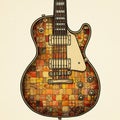 Electric guitar with a patchwork design featuring multicolored geometric patterns in Royalty Free Stock Photo