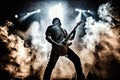 electric guitar player, performing solo concert with dramatic lighting and smoke effects