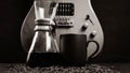 An electric guitar in silver and white tones on a black background, with a coffee brewing jug in front of it and a black coffee mu Royalty Free Stock Photo