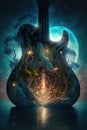 Electric guitar underwater, grown into magic aquatic world. Bioluminiscence, organic shapes and magic lights. AI generative