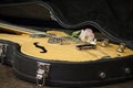 Electric guitar with volume and tone control knobs in black guitar case and flower Royalty Free Stock Photo