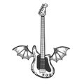 Electric guitar with wings sketch engraving vector Royalty Free Stock Photo