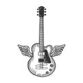 Electric guitar with wings sketch engraving vector Royalty Free Stock Photo