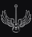 Electric guitar with wings. Stylized electric guitar with angel wings. Black and white illustration of a musical Royalty Free Stock Photo