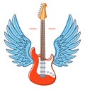 Electric guitar with wings vector emblem for festival or concert or player isolated on white, live music theme, logo for musical