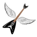 Electric guitar with wings. Vintage label, illustration, logotype.