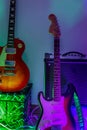 Electric guitars and amplifier aganist a wall Royalty Free Stock Photo