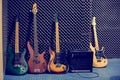 The Electric guitars and bass guitars with amplifiers in the music practice room Royalty Free Stock Photo