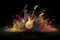 Electric guitars with a rainbow paint splashing on it on a black background. Stylish creative colors. Generative AI Royalty Free Stock Photo