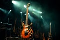 Electric guitars, silent on stage, await their moment in the pre-show chaos.