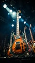 Electric guitars, silent on stage, await their moment in the pre-show chaos. Royalty Free Stock Photo