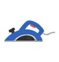 Electric hand planer tool for woodworking. Blue power planer with a cord on white background. Carpenter equipment vector