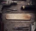 Electric hand tools screwdriver Drill Saw jigsaw jointer top view, photo processing: instagram Royalty Free Stock Photo