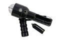 Electric handheld flashlight with the lid open and the battery pack removed is isolated on a white background