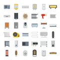 Electric heater device icons set, flat style