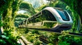 The electric high-speed train passes through a green fantasy city with intriguing architecture and a monorail under pristine white