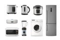 Electric home appliances. Realistic gadgets. Household machines. Fridge and kettle. Toaster and microwave. Kitchen