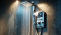 electric home shower. The main unit is mounted to a bathroom wall, AI Generated Royalty Free Stock Photo