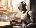 An electric humanoid robot with white plate inserts sits in a cafe at a table in front of a window overlooking the city and drinks