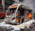 electric hybrid city bus burn bottom chasis, firefighter apply foam to extinguish flames big smoke
