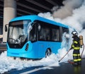 electric hybrid city bus burn bottom chasis, firefighter apply foam to extinguish flames big smoke