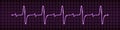 Electric impulse signal, heart beat pulse display. Oscilloscope cardiogram graph. Purple glowing light sine wave. Modern