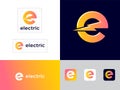 Electric Industrial icon. Power industry symbol. Yellow E letter with lightning.