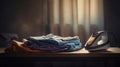 Electric iron and pile of clothes on ironing board. AI Generative Royalty Free Stock Photo