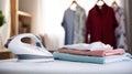 Electric iron and pile of clothes on ironing board Royalty Free Stock Photo