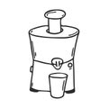 Electric juicer in Doodle style. Kitchen appliance for making fresh juice. Decorative element for menu design, recipes, and food