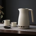 Electric kettle for boiling water and making tea on a table in the kitchen interior. Household kitchen appliances for