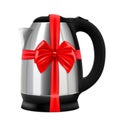 Electric kettle with red ribbon and bow, gift concept. 3D rendering isolated on white background Royalty Free Stock Photo