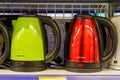 Electric kettles on a supermarket shelf or showcase. Illustrative editorial. March 18, 2022 Balti Moldova