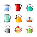 Electric kettles and teapots colored set. Modern plastic devices for quickly boiling water metal rounded shapes heated