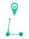 Electric kick scooter with map location pin and battery charge indicator. Vector illustration