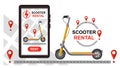 Electric kick scooter rental, push e-scooter motorbike rent mobile phone app. Electro motor bike transport sharing service. Vector