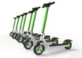 Electric kick scooters, ecologic urban vehicles, aligned in row