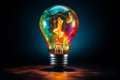 Electric lamp bulb with multi-colored iridescent gaseous substance inside. A lightbulb eureka moment with Impactful